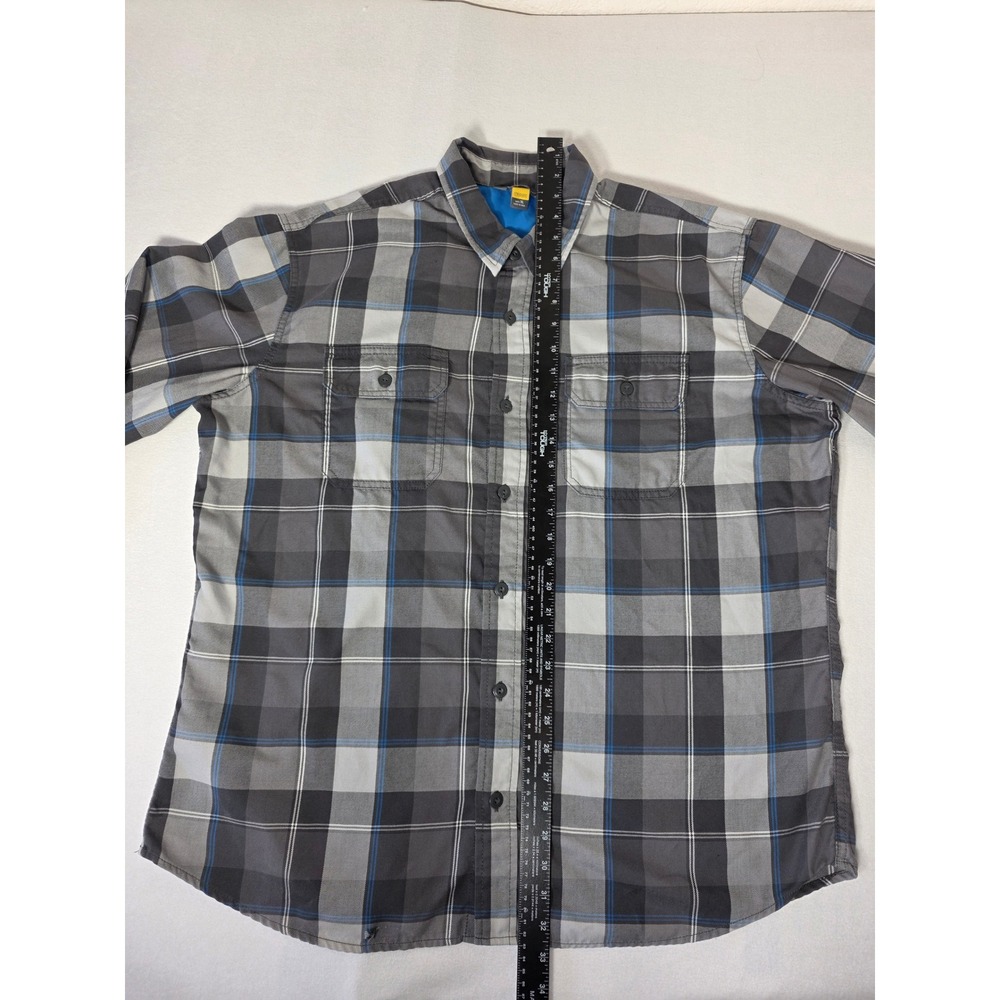 Eddie Bauer Travex Mens XL Plaid Button Down Shirt Gray Blue Long Sleeve Pockets